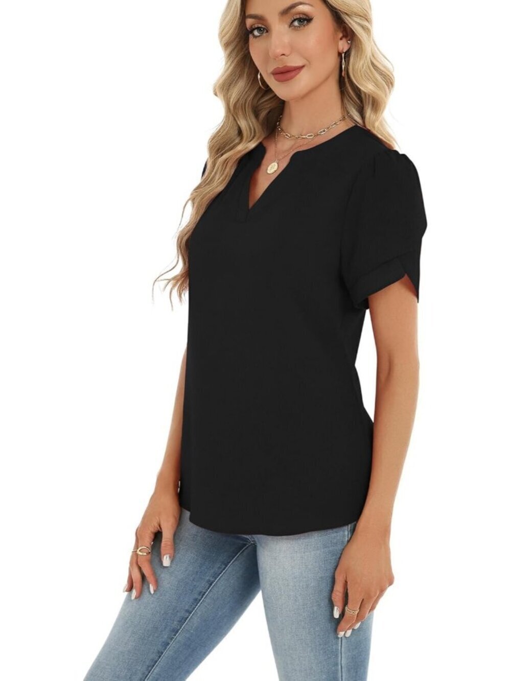 Women's Dressy Casual Shirts Short Sleeve V Neck Work Blouse Chiffon Top Black - Picture 6 of 6